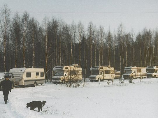 motorhomes parked in snow