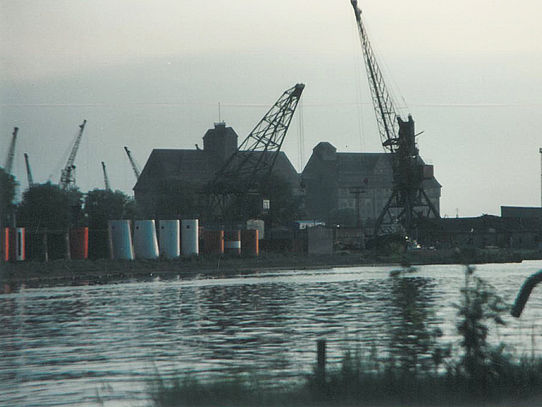 warehouses and cranes