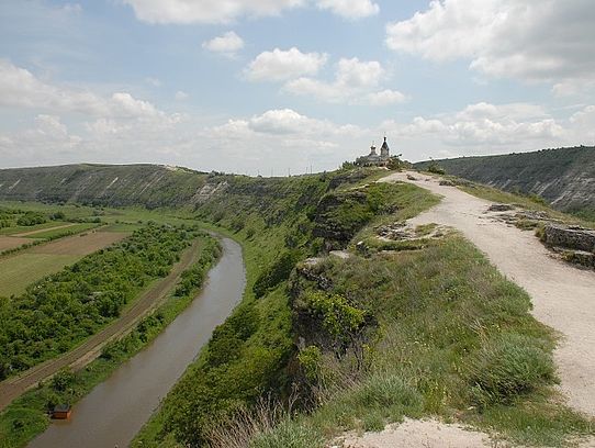 Moldova river with hill and church