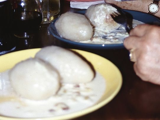Zeppelins dumplings with sauce